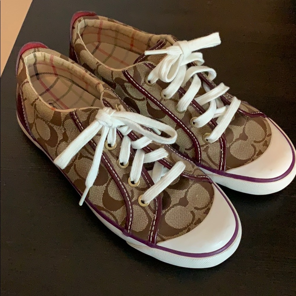 Monogram Coach sneakers with purple heal